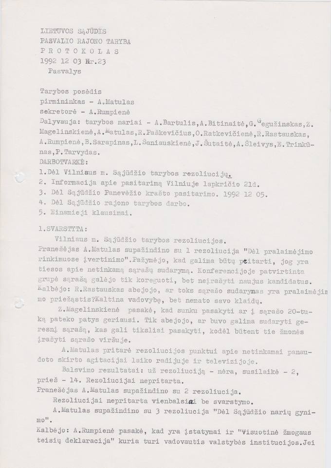 Lietuvos Sajūdžio Pasvalio rajono Tarybos 1992 m. gruodžio 3 d. posėdžio PROTOKOLAS Nr. 23